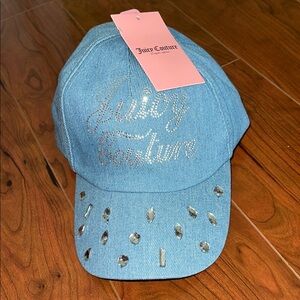 NWT Juicy Couture Light Blue Denim-Like Rhinestone Bedazzled Cap Hat